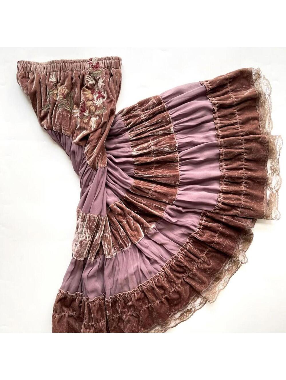 Vintage-style burgundy velvet maxi skirt with embroidered p